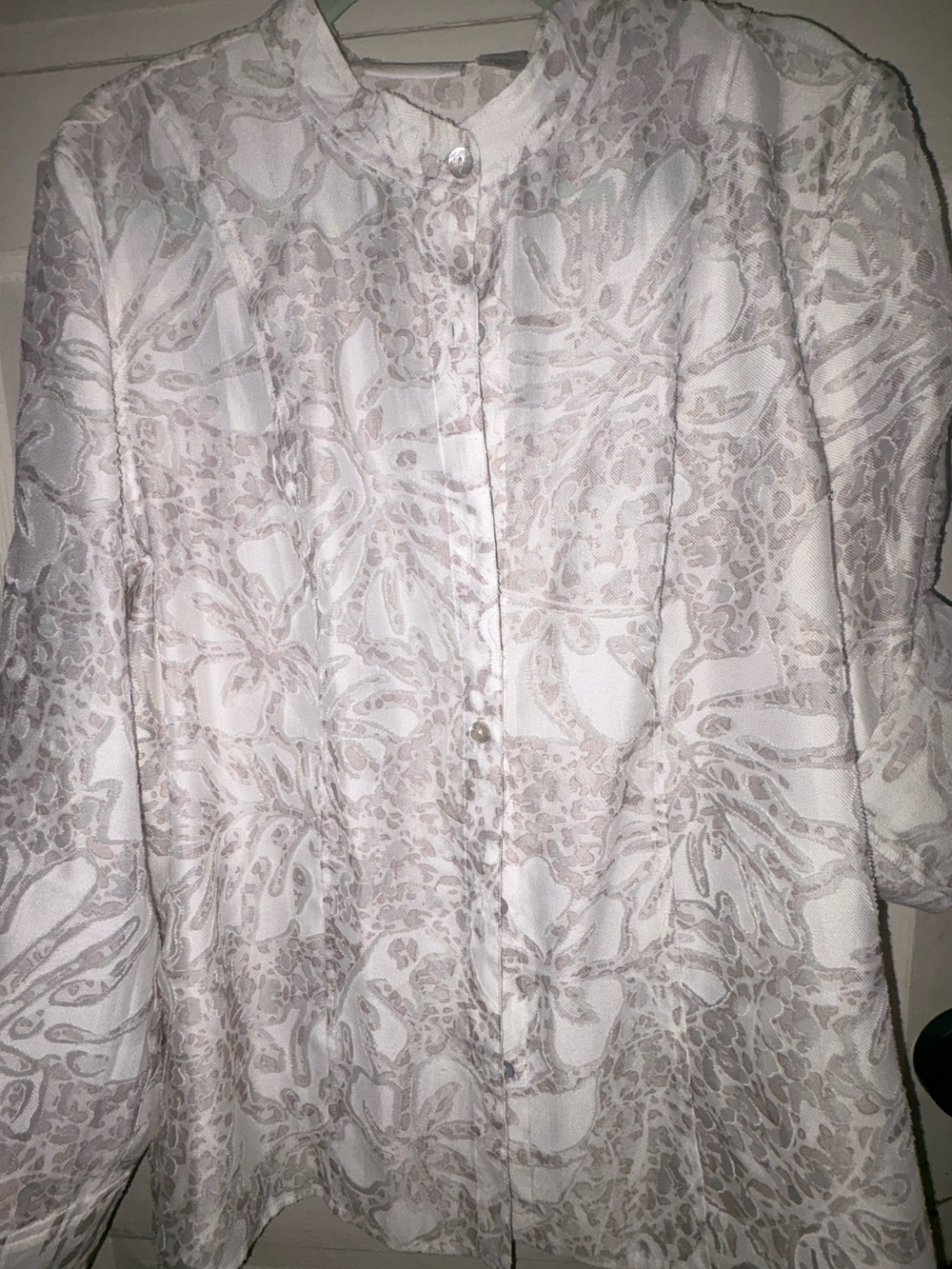 Alfred Dunner White and Taupe Printed Button-Down Blouse